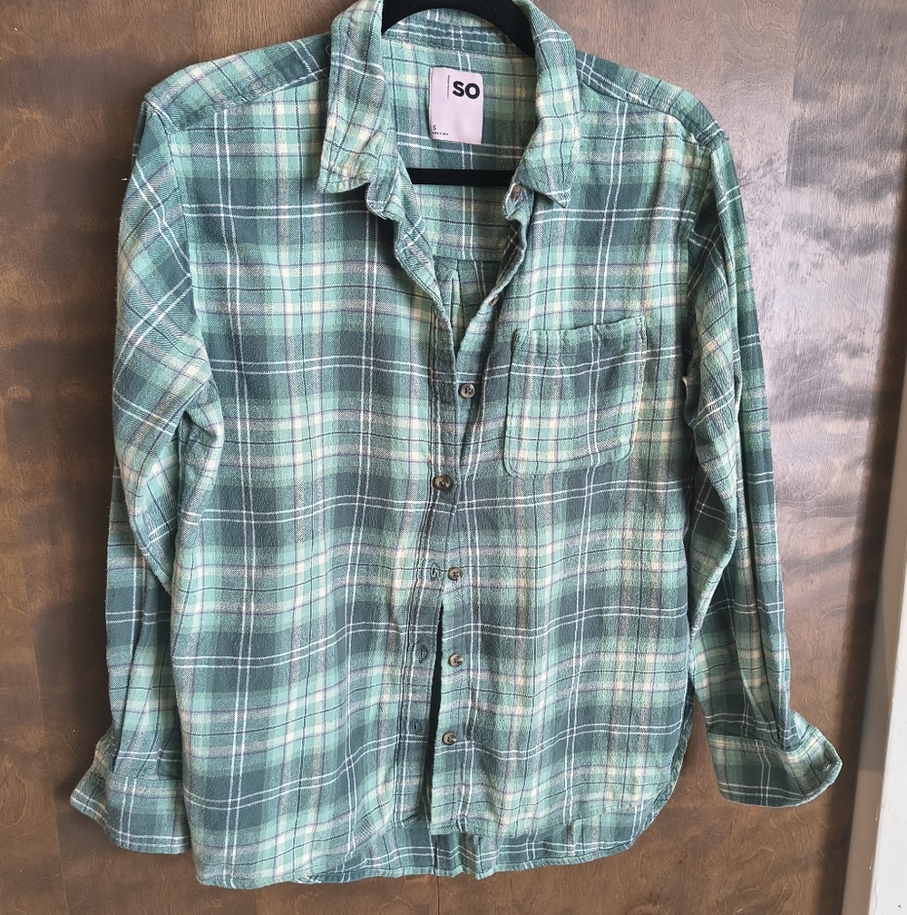 Juniors SO Green Plaid Flannel Top || Small